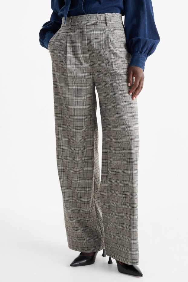 Dámské - Plátěné kalhoty - high waist - wide leg - kostkované - šedá