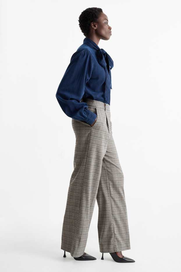 Dámské - Plátěné kalhoty - high waist - wide leg - kostkované - šedá