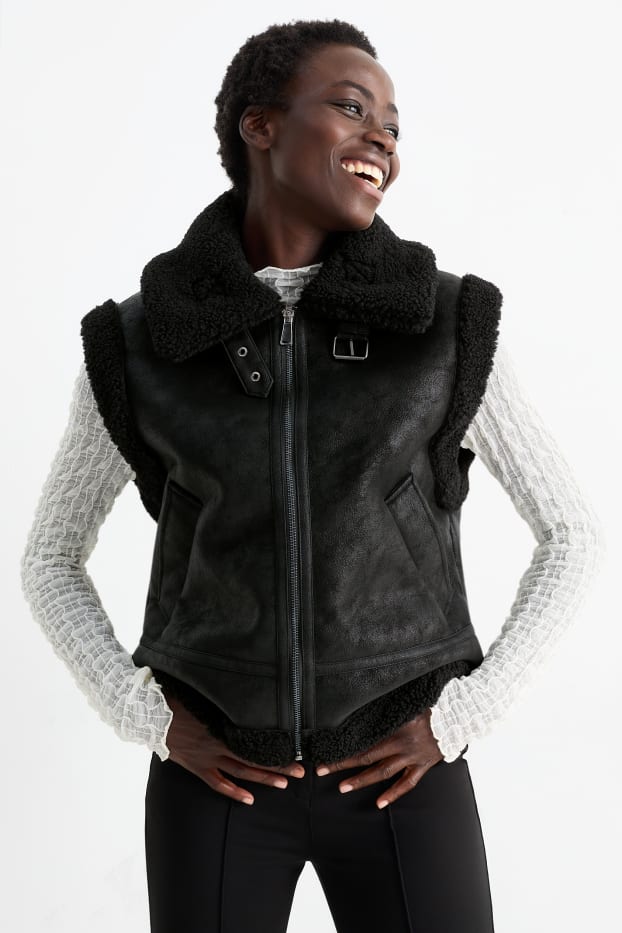 Damen - Faux Shearling Weste - Lederimitat - schwarz