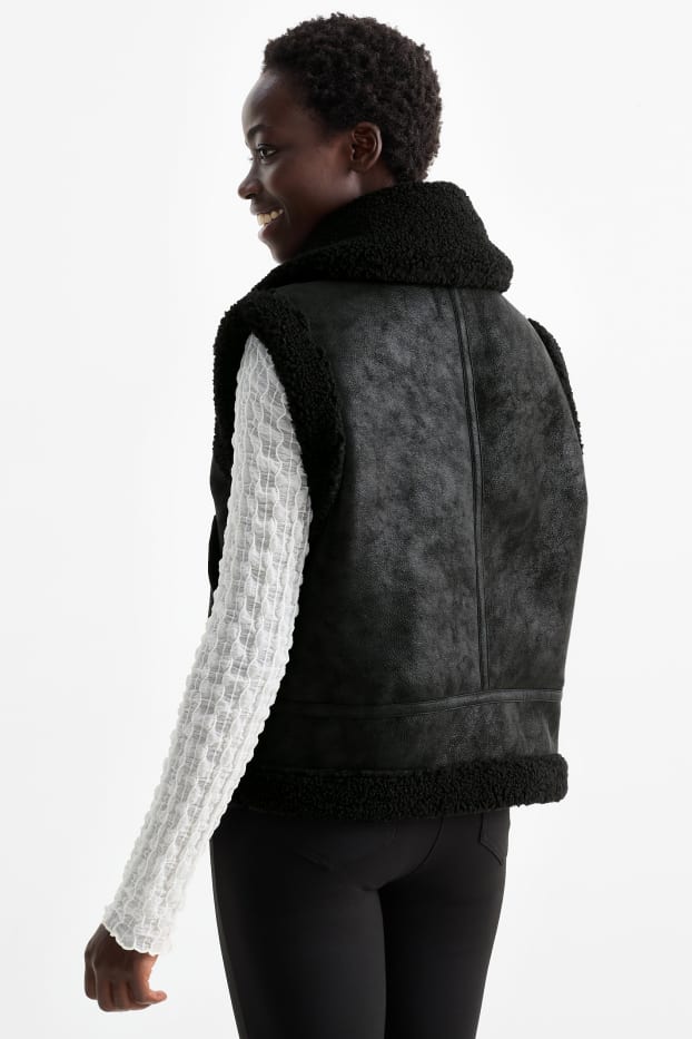 Damen - Faux Shearling Weste - Lederimitat - schwarz