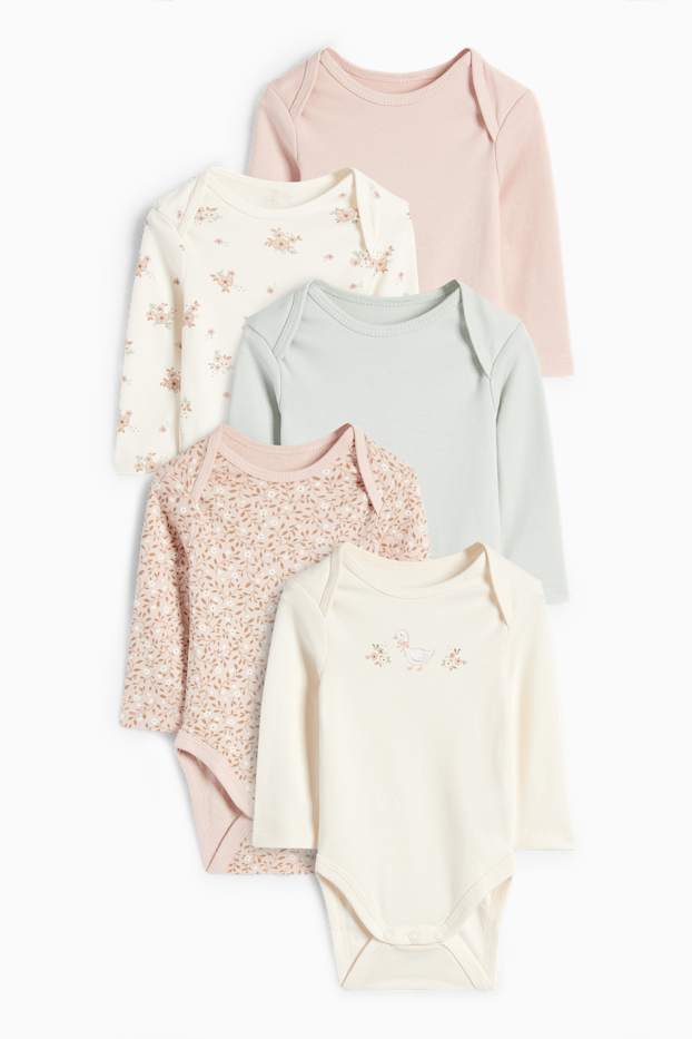 Bébés filles - Lot de 5 - petites fleurs et oie - bodys bébé - beige clair