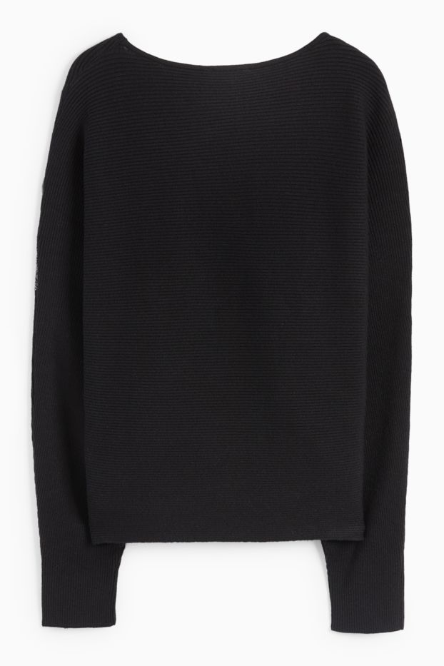 Damen - Pullover mit V-Ausschnitt - gerippt - schwarz