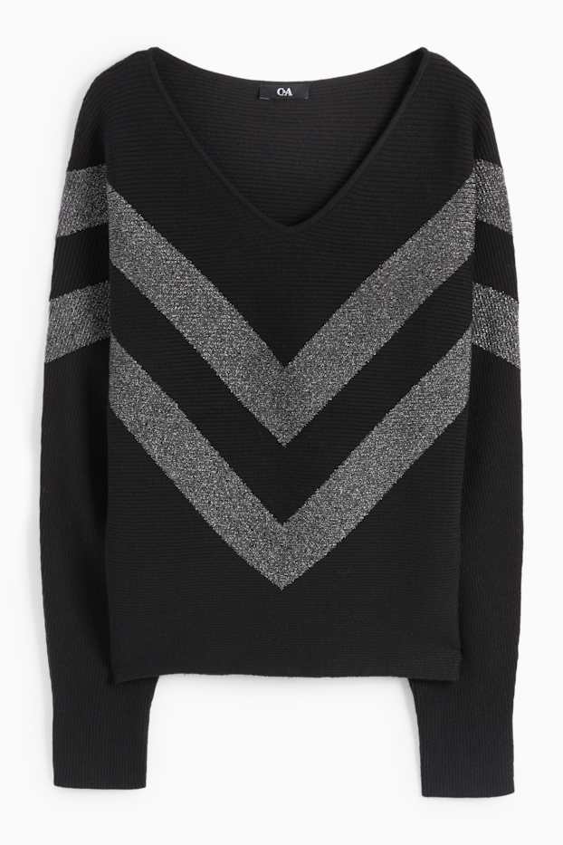 Damen - Pullover mit V-Ausschnitt - gerippt - schwarz