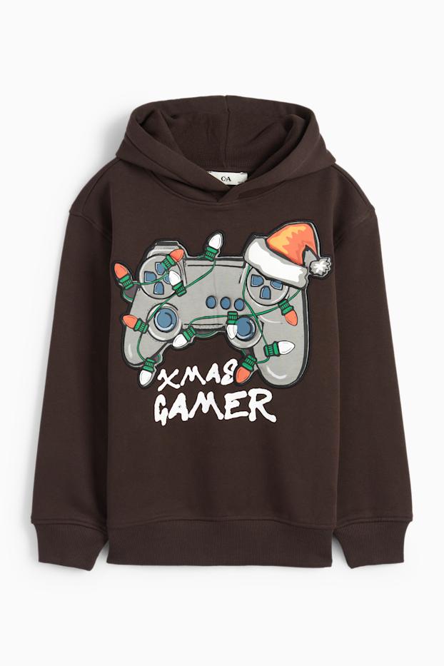 Děti - chlapci - Gaming - vánoční mikina s kapucí - tmavohnědá