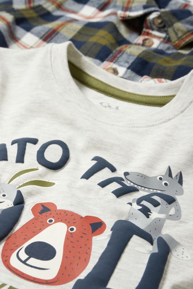 Enfants garçons - Animaux de la forêt - ensemble - haut à manches longues et chemise - 2 pièces - beige / bleu