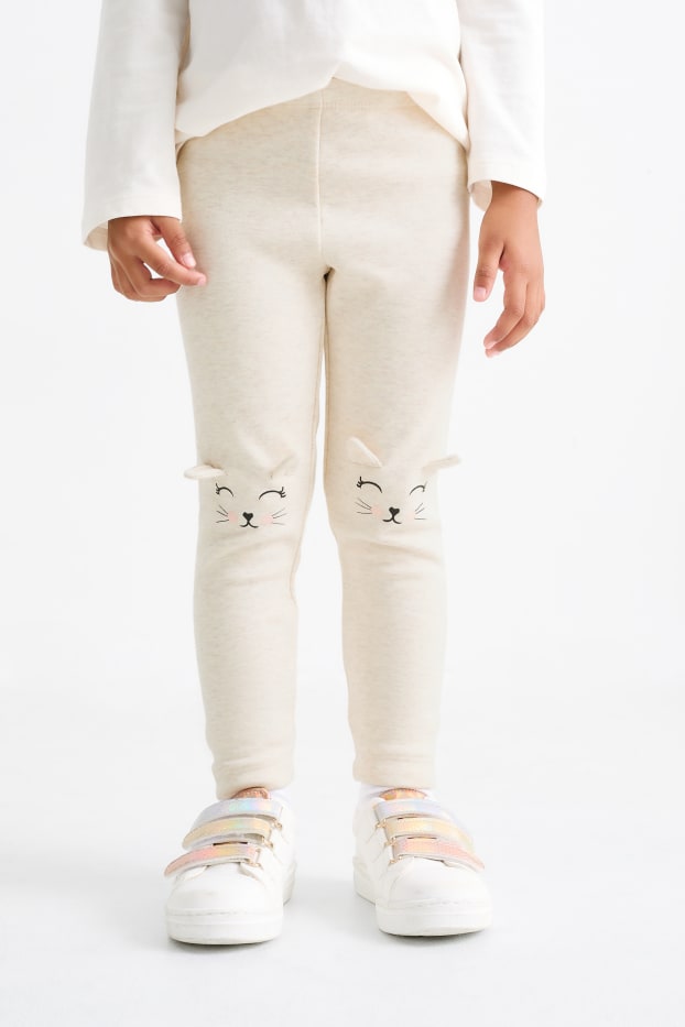 Enfants filles - Lot de 2 - chat et cœur - leggings - beige clair
