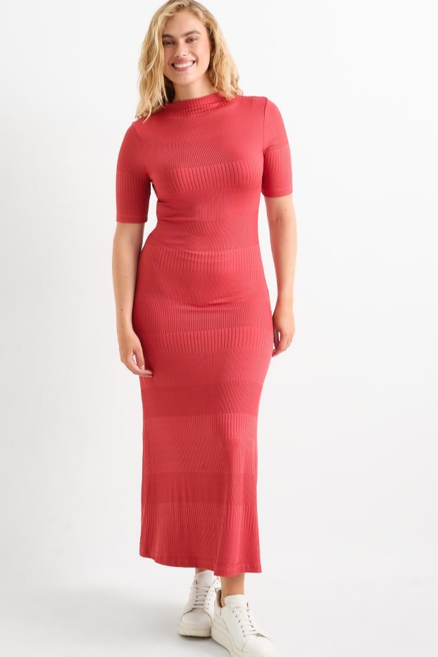 Damen - Strickkleid - gerippt - rot