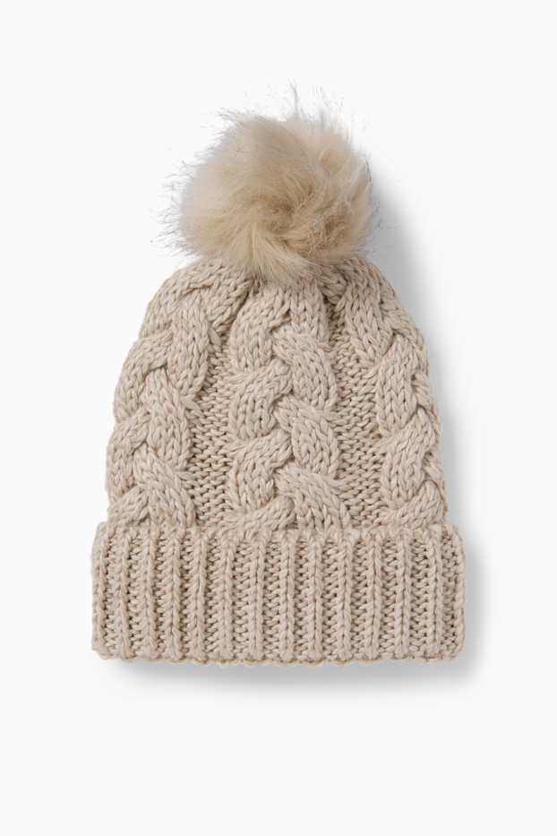 Dames - Muts met pompon - kabelpatroon - licht beige