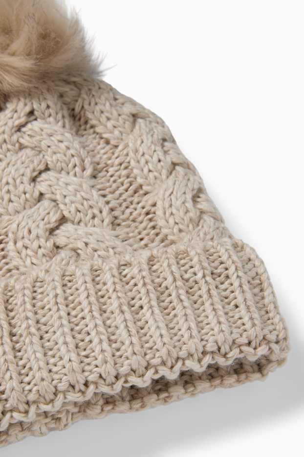 Dames - Muts met pompon - kabelpatroon - licht beige