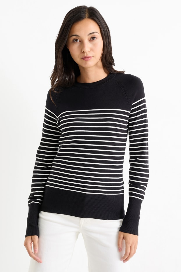 Kobiety - Sweter z cienkiej dzianiny - w paski - czarny