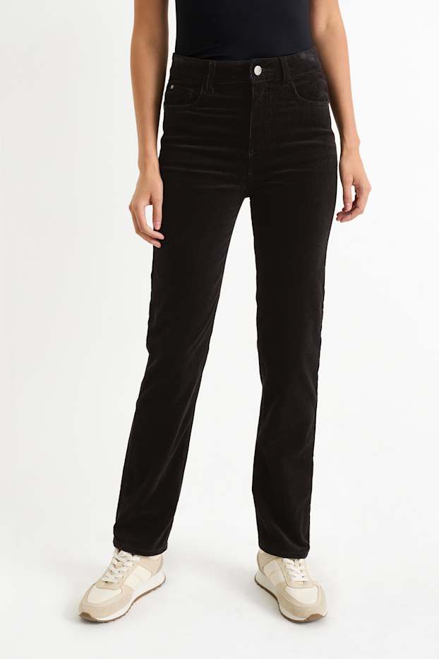 Femmes - Pantalon en velours côtelé - high waist - straight fit - noir
