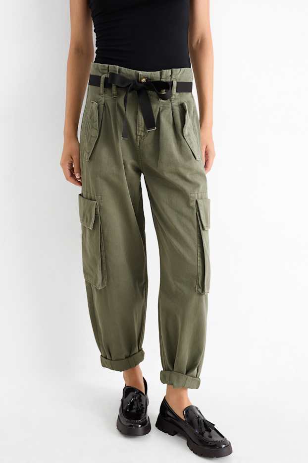 Femmes - Pantalon cargo - high waist - tapered fit - vert