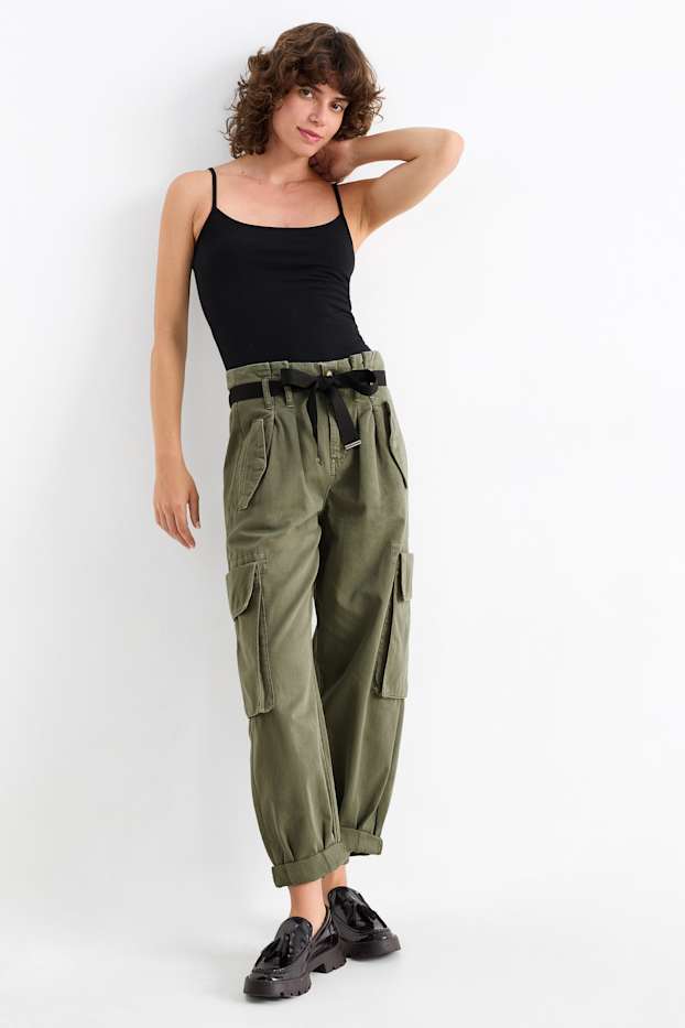 Femmes - Pantalon cargo - high waist - tapered fit - vert