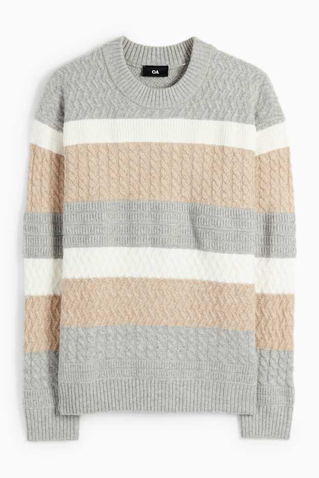 Herren - Pullover - gestreift - Zopfmuster - grau / beige