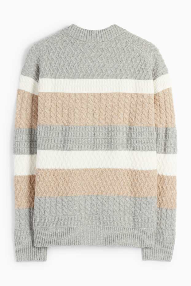 Herren - Pullover - gestreift - Zopfmuster - grau / beige