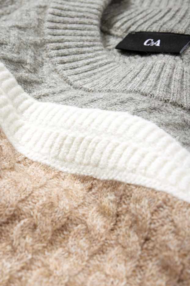 Herren - Pullover - gestreift - Zopfmuster - grau / beige