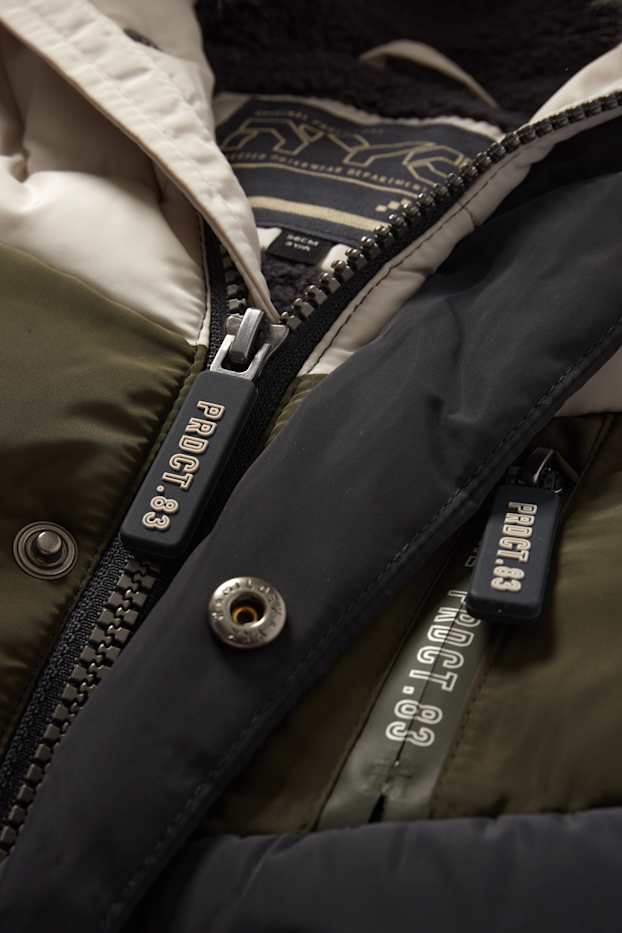 Bambini - Giacca trapuntata con cappuccio e inserto in pelo - impermeabile - blu scuro