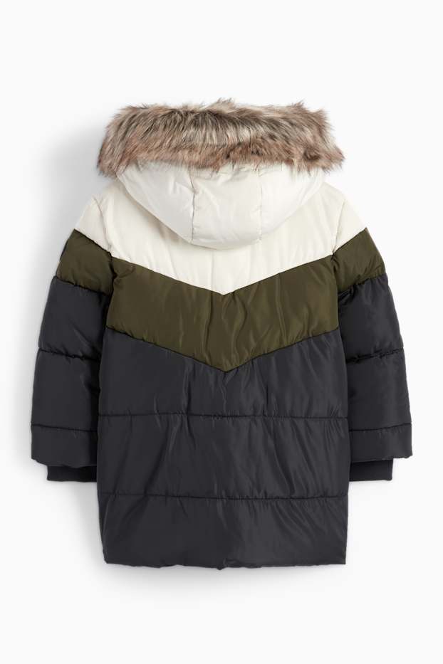 Bambini - Giacca trapuntata con cappuccio e inserto in pelo - impermeabile - blu scuro