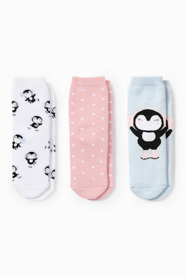 Niñas - Pack de 3 - pingüinos - calcetines calentitos con dibujo - azul claro
