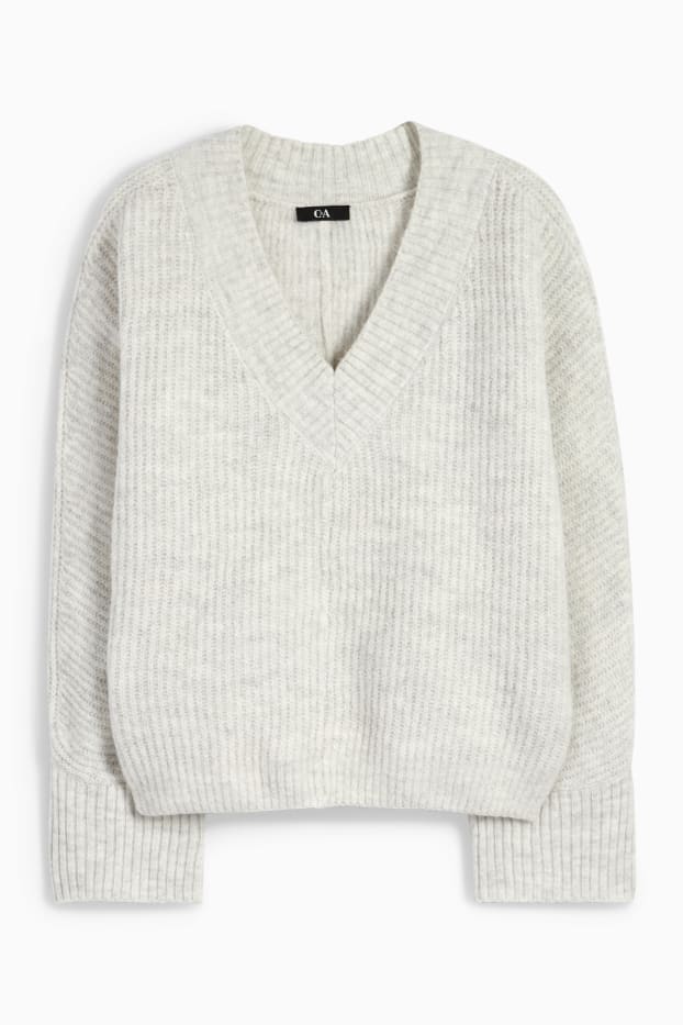 Femmes - Pull à col V - côtelé - gris clair
