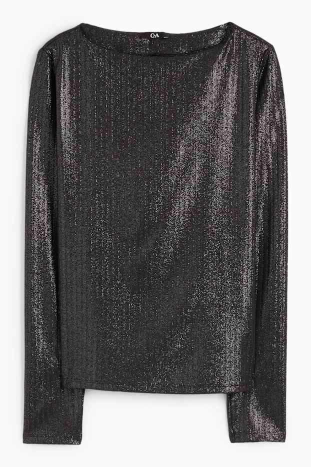 Femmes - Haut à manches longues - finition côtelée - effet brillant - noir