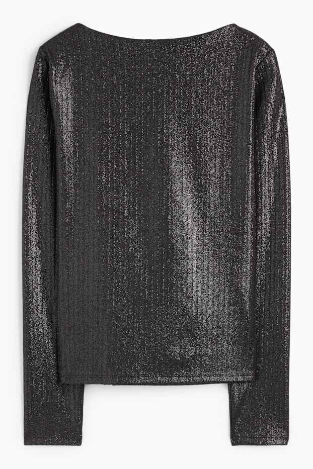 Femmes - Haut à manches longues - finition côtelée - effet brillant - noir