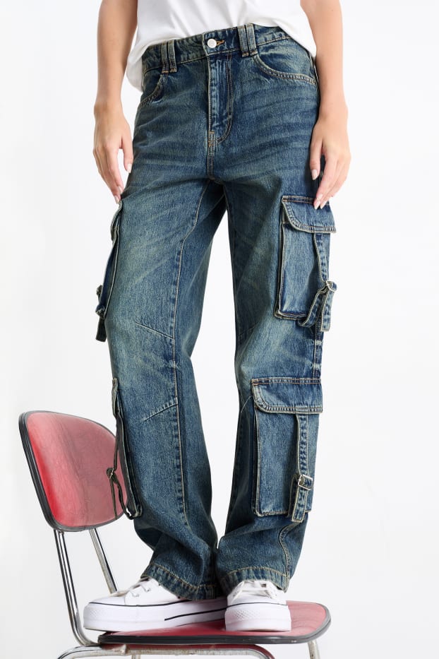 Damen - Cargo Jeans - Low Waist - Relaxed Fit - dunkeljeansblau