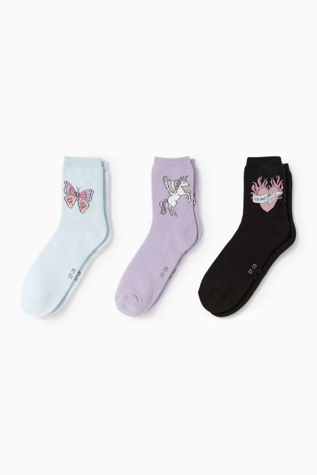 Copii - Fete - Multipack 3 perechi - unicorn, fluture, inimă - șosete călduroase - negru