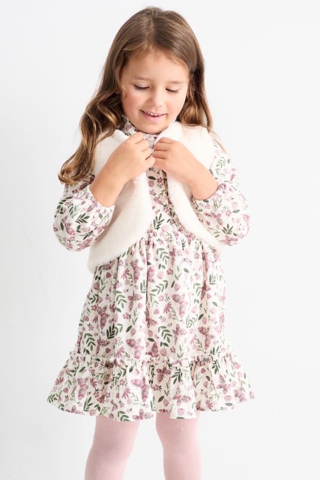 Copii - Fete - Set - rochie, vestă și dresuri - 3 piese - cu flori - alb