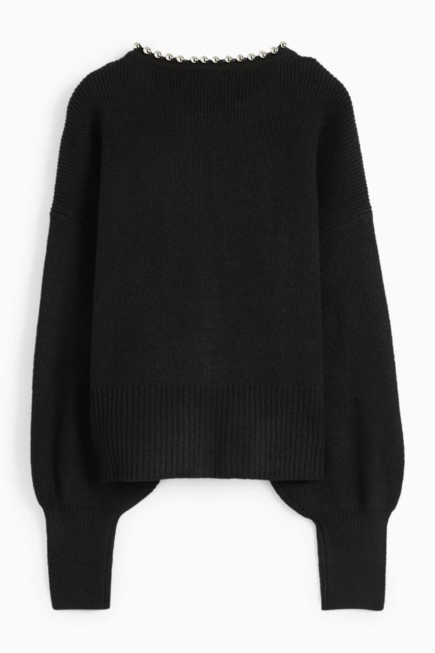 Women - Cardigan - ribbed - black