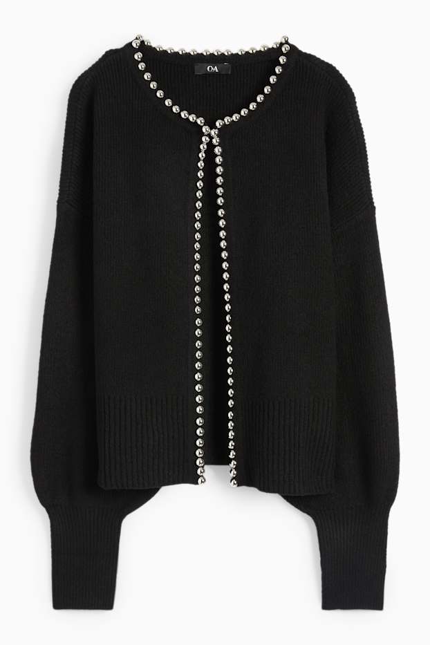 Women - Cardigan - ribbed - black