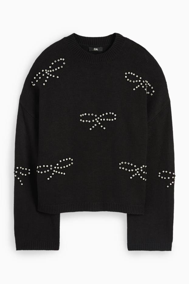 Women - Jumper with rhinestones - black
