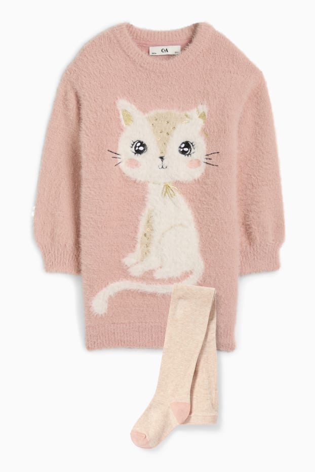 Enfants filles - Chats - ensemble - robe de maille et collants - 2 pièces - rose foncé