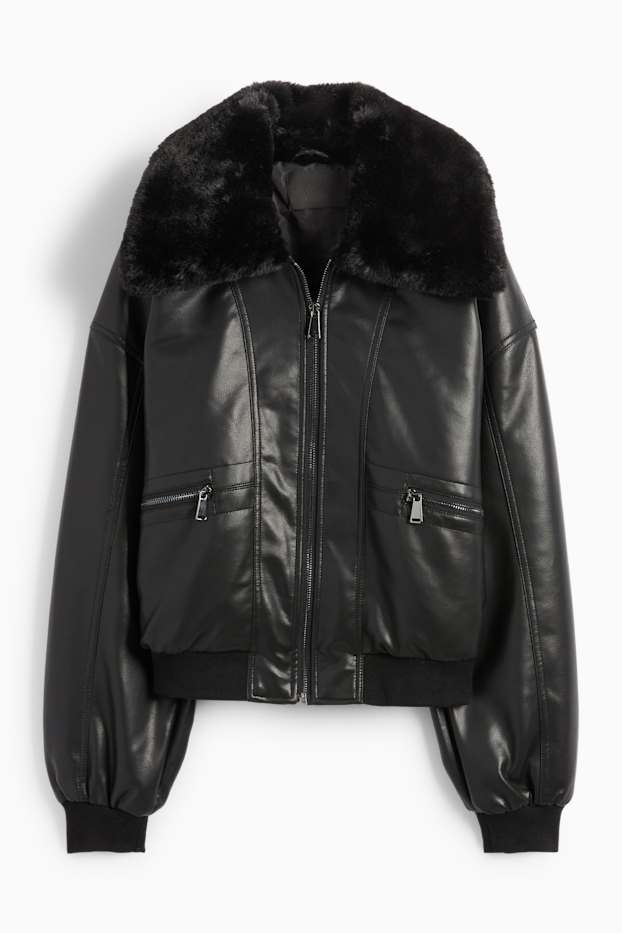 Femmes - Blouson aviateur avec garniture en imitation fourrure - matière synthétique - noir