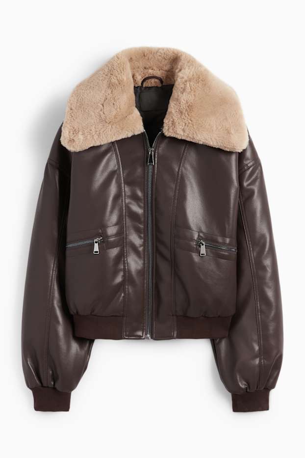 Femmes - Blouson aviateur avec garniture en imitation fourrure - matière synthétique - marron foncé