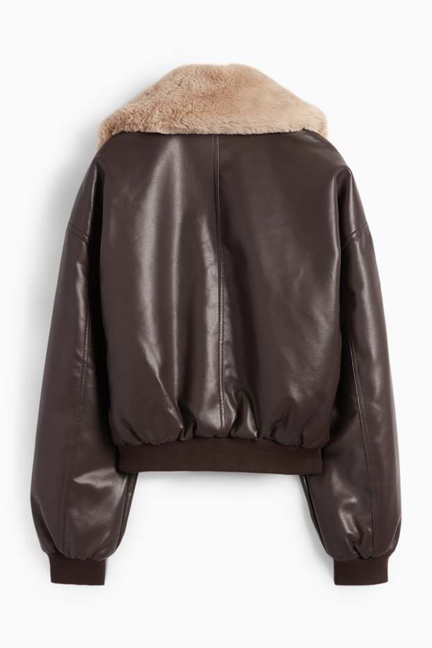 Femmes - Blouson aviateur avec garniture en imitation fourrure - matière synthétique - marron foncé