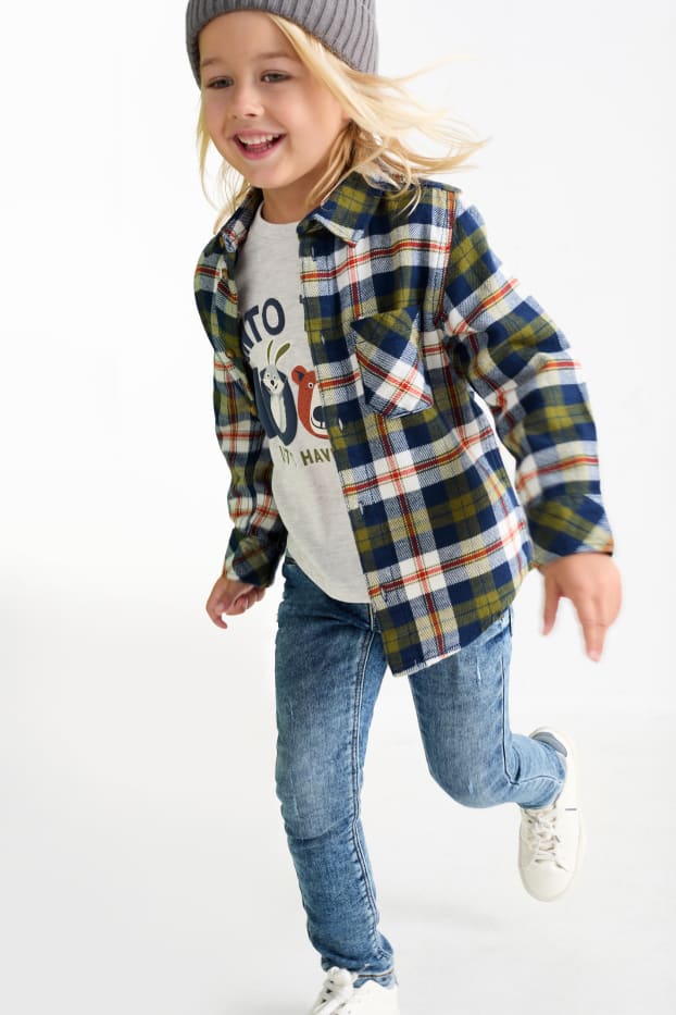 Enfants garçons - Animaux de la forêt - ensemble - haut à manches longues et chemise - 2 pièces - beige / bleu
