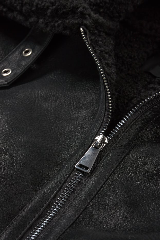 Damen - Faux Shearling Weste - Lederimitat - schwarz