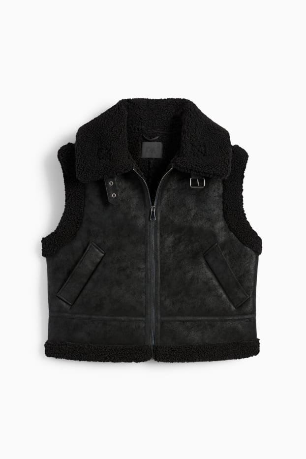 Damen - Faux Shearling Weste - Lederimitat - schwarz