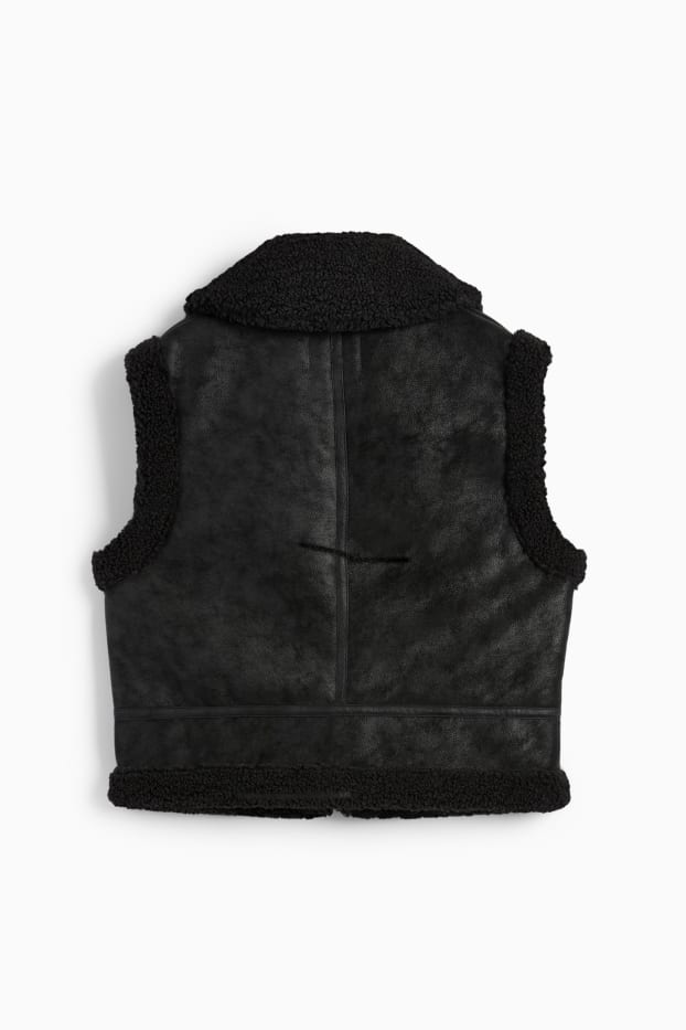 Damen - Faux Shearling Weste - Lederimitat - schwarz