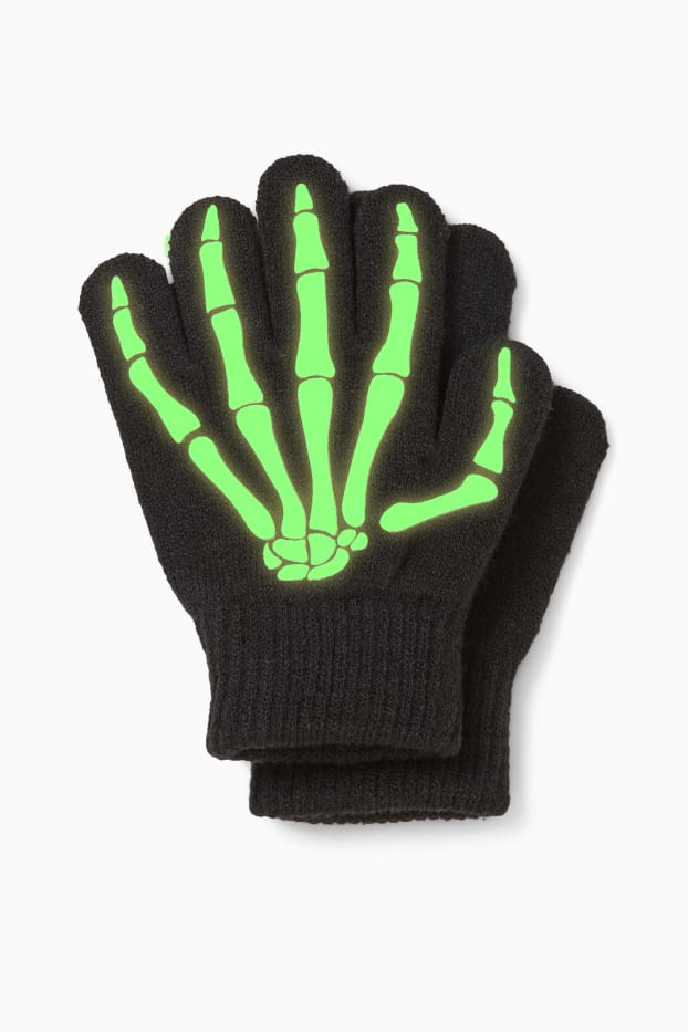 Children Boys - Halloween - skeleton - knitted gloves - glow-in-the-dark - black