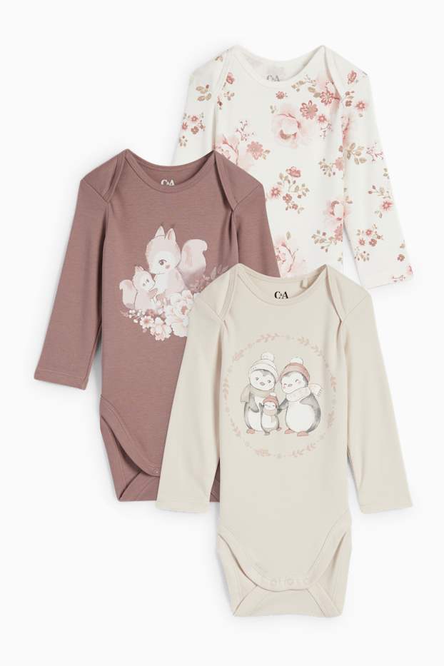 Baby: meisjes - Set van 3 - bloemetjes en dieren - rompertje - beige