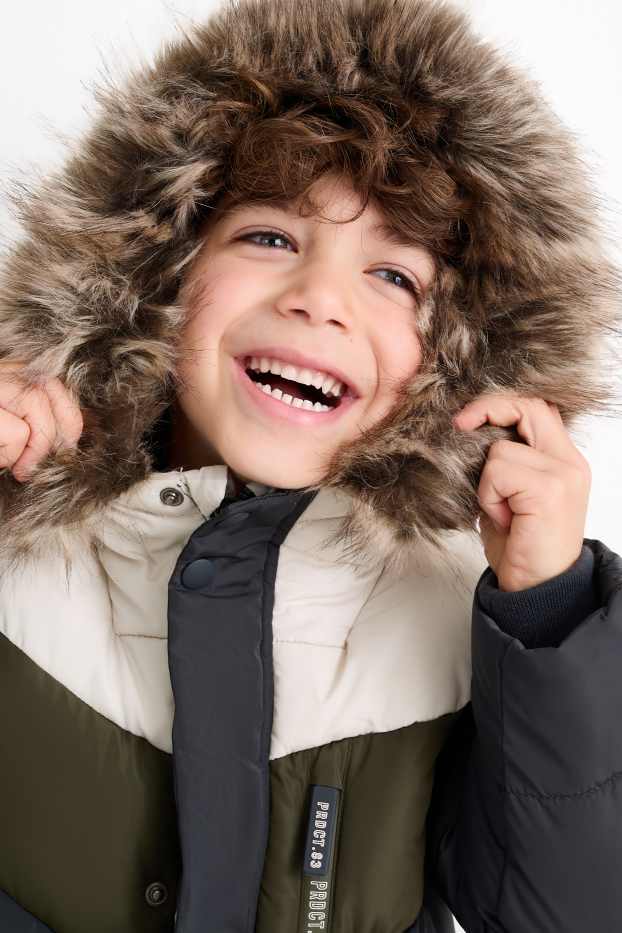 Bambini - Giacca trapuntata con cappuccio e inserto in pelo - impermeabile - blu scuro