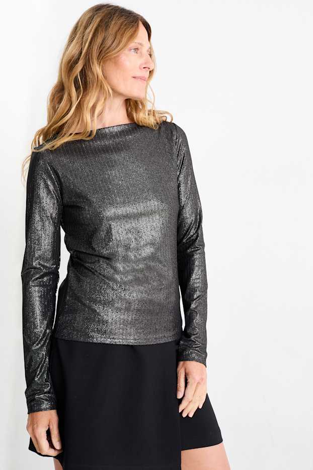 Femmes - Haut à manches longues - finition côtelée - effet brillant - noir