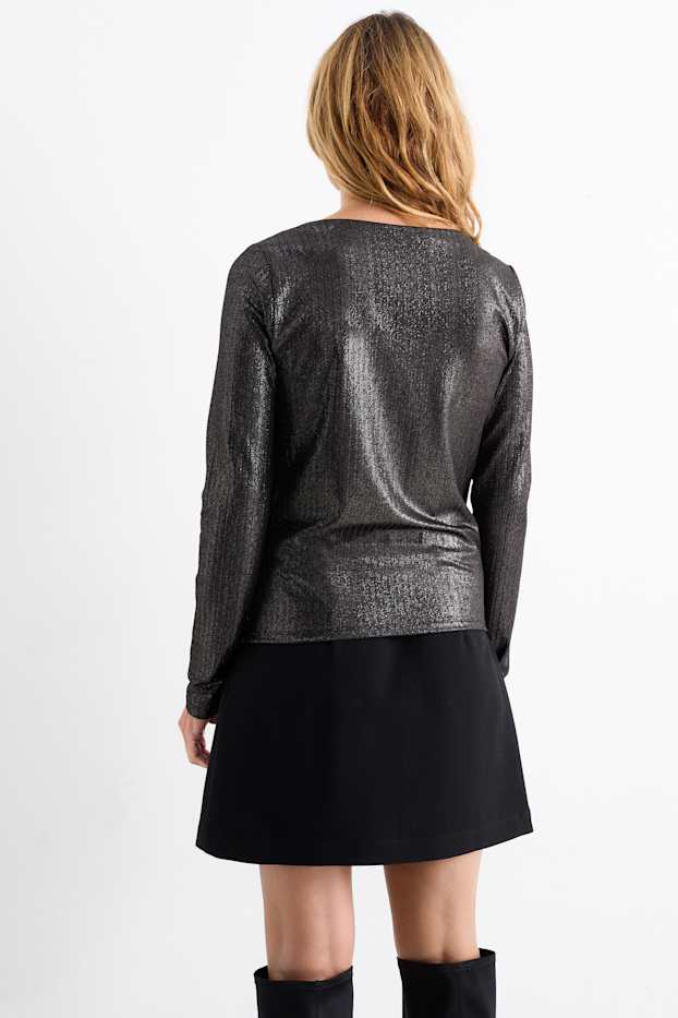 Femmes - Haut à manches longues - finition côtelée - effet brillant - noir