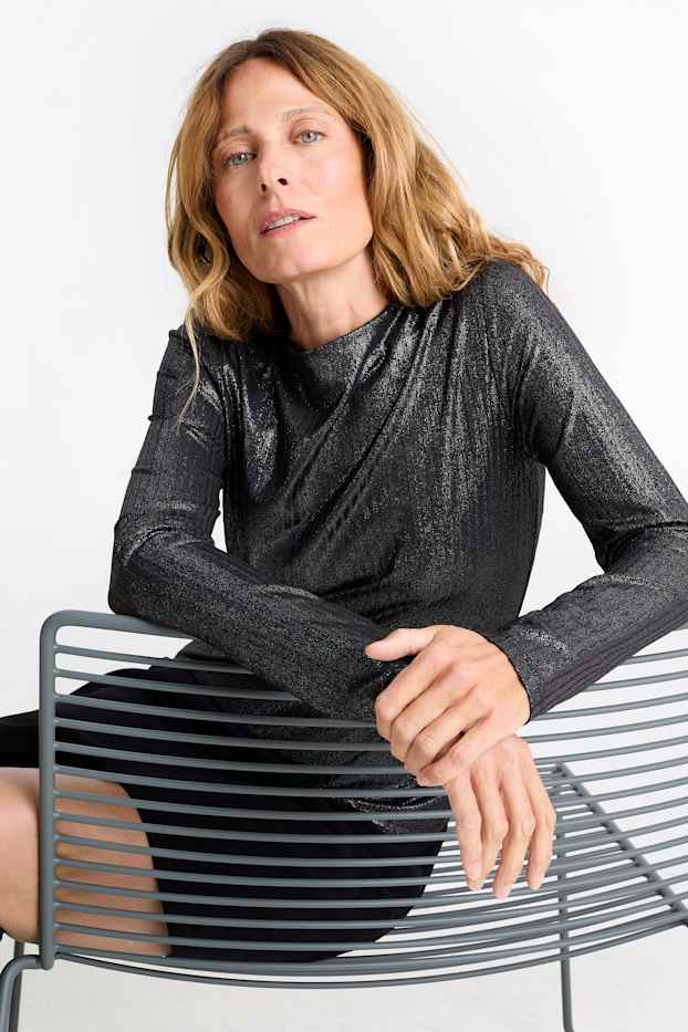 Femmes - Haut à manches longues - finition côtelée - effet brillant - noir