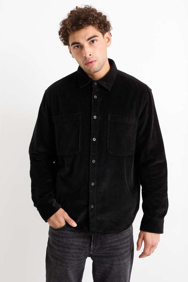 Uomo - Camicia di velluto a coste - relaxed fit - collo all'italiana - nero