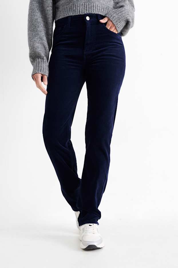 Dames - Corduroy broek - high waist - straight fit - donkerblauw