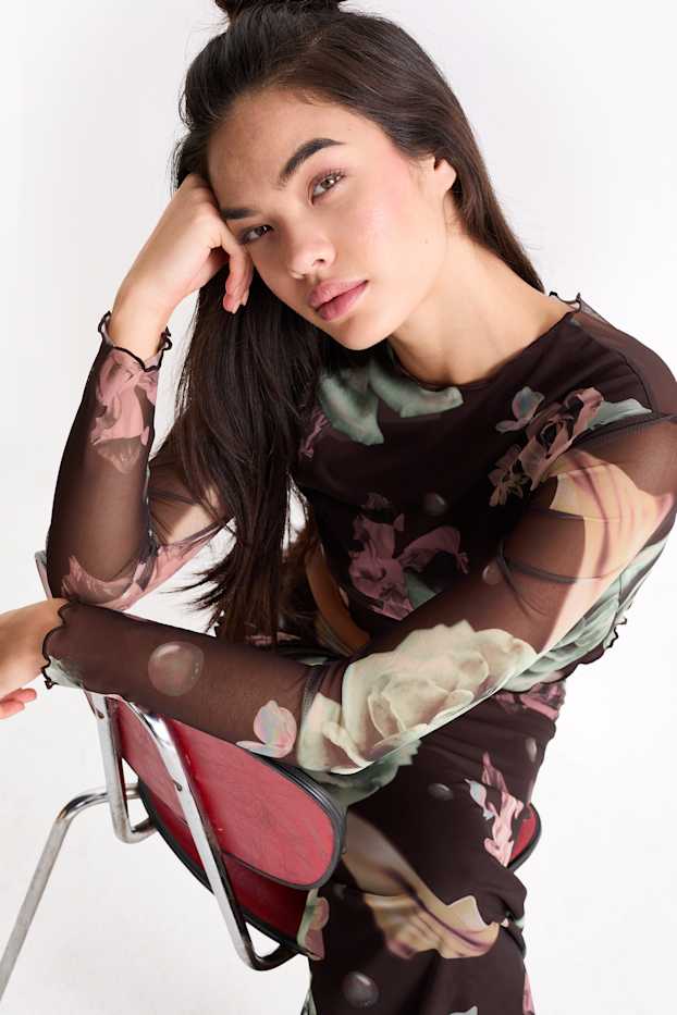 Dona - Samarreta crop de màniga llarga - de flors - verd
