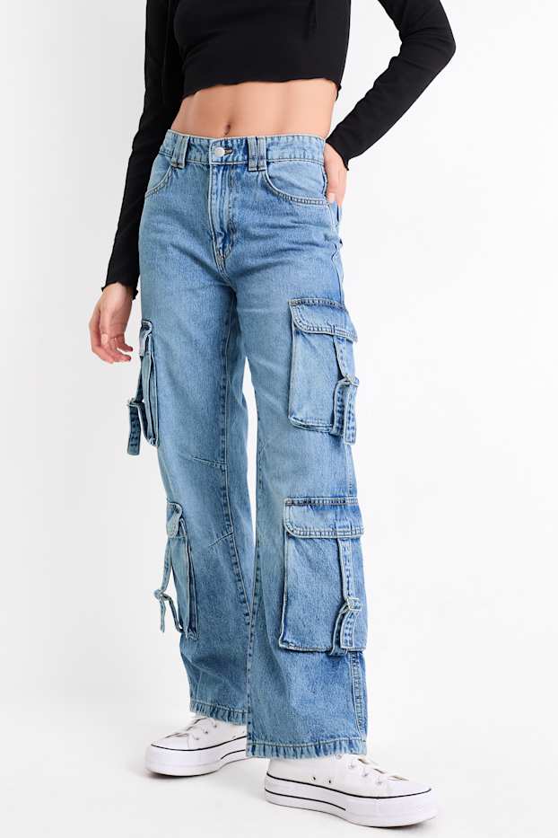 Femei - Cargo jeans - talie joasă - relaxed fit - denim-albastru